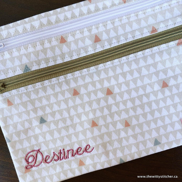 Zippered Fabric Pouch -CREAM TAUPE TRIANGLES