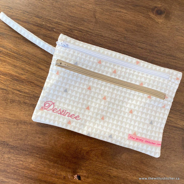Zippered Fabric Pouch -CREAM TAUPE TRIANGLES