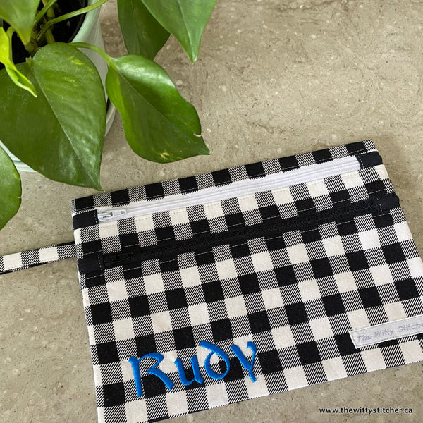 Zippered Fabric Pouch - BLACK & WHITE CHECK