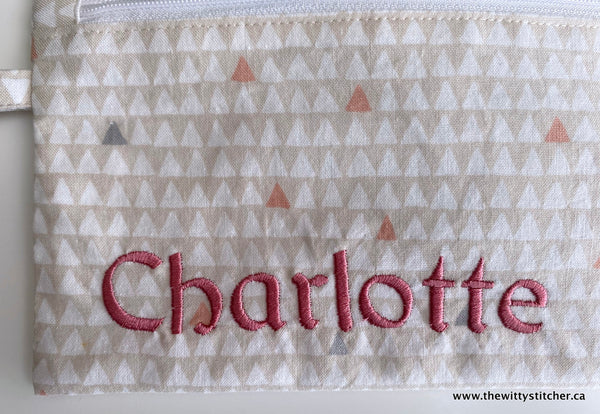 Zippered Fabric Pouch -CREAM TAUPE TRIANGLES