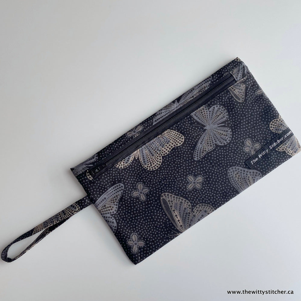 LAST CALL! Zippered Fabric Pouch - BLACK BUTTERFLIES - ONLY 3 Single Zips LEFT!