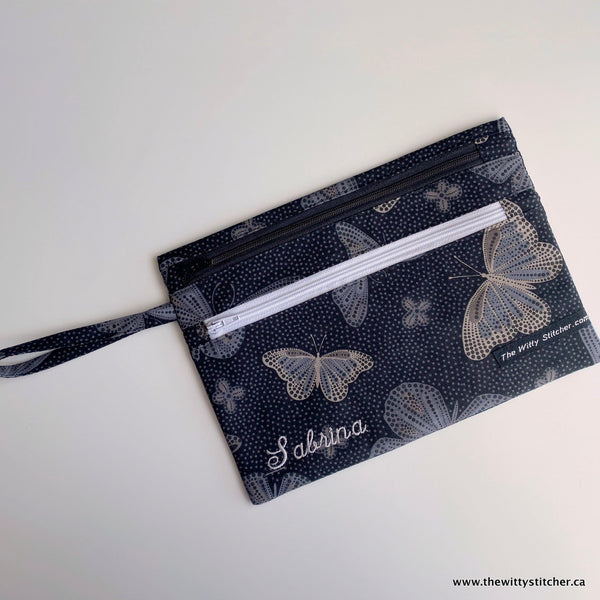 LAST CALL! Zippered Fabric Pouch - BLACK BUTTERFLIES - ONLY 3 Single Zips LEFT!