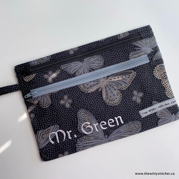 LAST CALL! Zippered Fabric Pouch - BLACK BUTTERFLIES - ONLY 3 Single Zips LEFT!