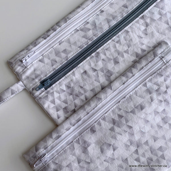 LAST CALL! Zippered Fabric Pouch - GREY TRIANGLES - ONLY 2 Single Zips LEFT!