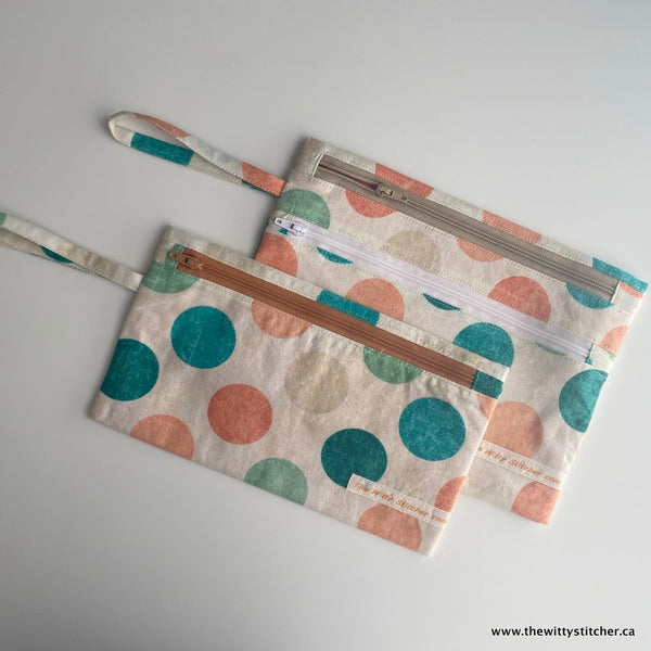 Zippered Fabric Pouch - PEACH & TEAL BIG DOTS