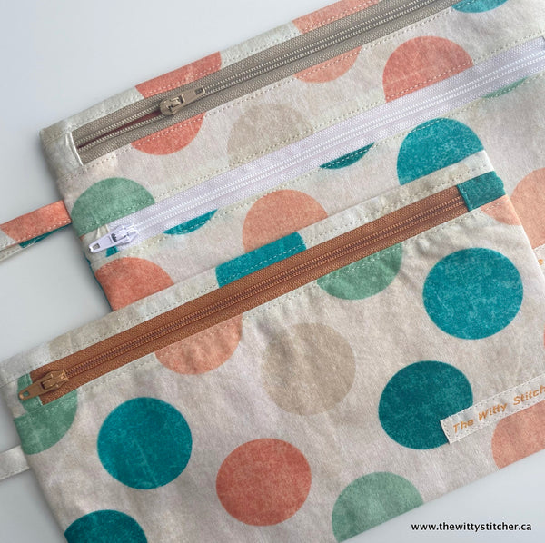 Zippered Fabric Pouch - PEACH & TEAL BIG DOTS
