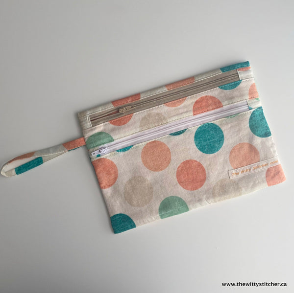 Zippered Fabric Pouch - PEACH & TEAL BIG DOTS