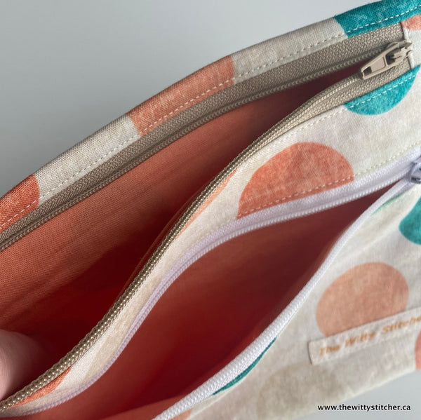 Zippered Fabric Pouch - PEACH & TEAL BIG DOTS