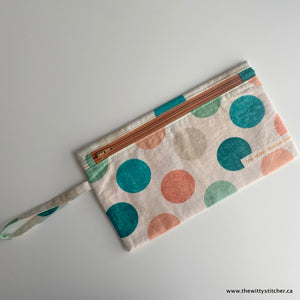 Zippered Fabric Pouch - PEACH & TEAL BIG DOTS