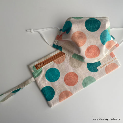 Zippered Fabric Pouch - PEACH & TEAL BIG DOTS