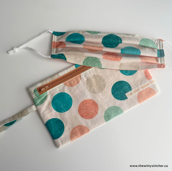 Zippered Fabric Pouch - PEACH & TEAL BIG DOTS