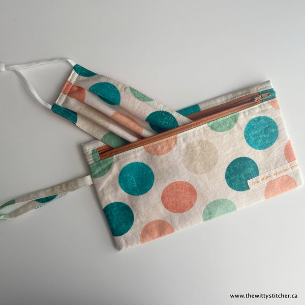 Zippered Fabric Pouch - PEACH & TEAL BIG DOTS