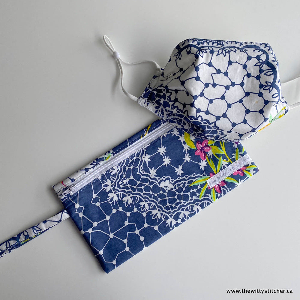 Face Mask & Zippered Pouch Set #1 - BLUE FLORAL LACE