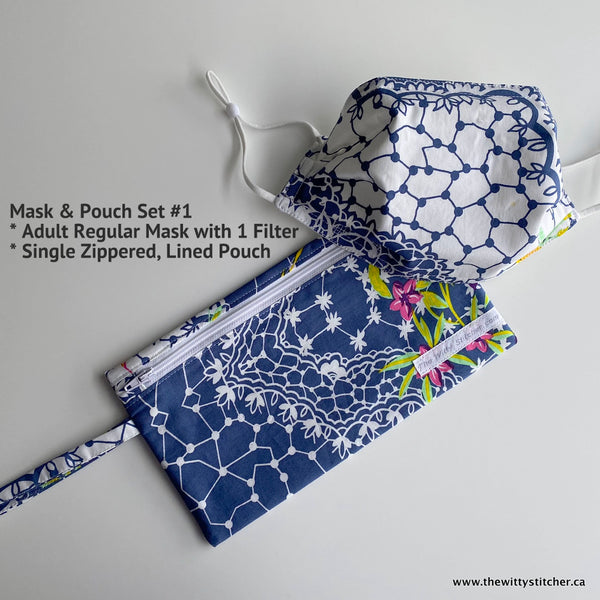 Face Mask & Zippered Pouch Set #1 - BLUE FLORAL LACE