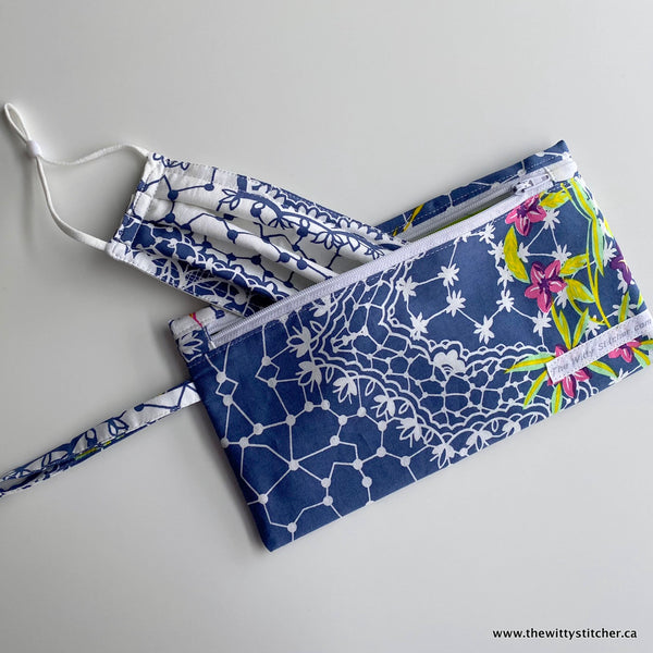 Face Mask & Zippered Pouch Set #1 - BLUE FLORAL LACE